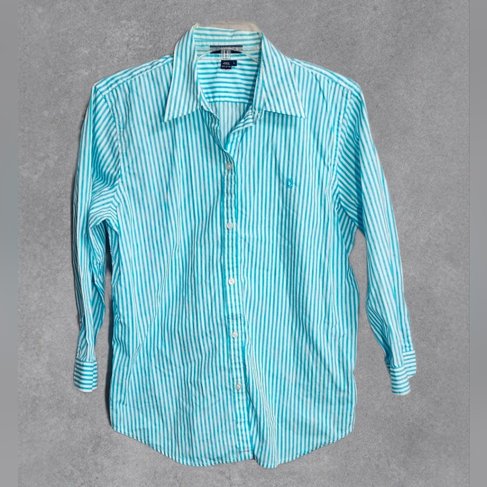 Chaps Teal And White Striped Cotton Button Down Size Large